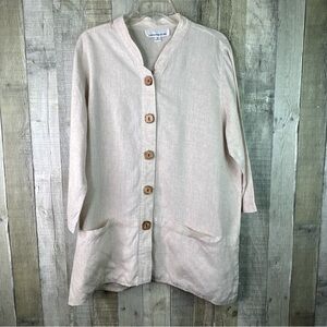 Caroline Rose 1X Tan 100% Linen Button Front Shirt W/Wooden Buttons & Collar